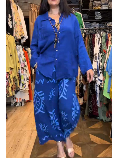 Women's Casual Cotton and Linen Long-sleeved Shirt and Art Print Pants Two-piece Set