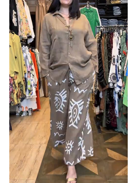 Women's Casual Cotton and Linen Long-sleeved Shirt and Art Print Pants Two-piece Set