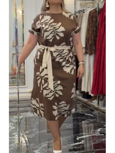 Women's Elegant Lace-up Art Print Cotton and Linen Short Sleeve Dress