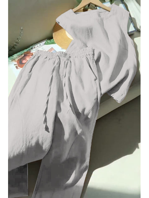Women's Tencel and Linen Sleeveless Top and Pants Two-piece Set