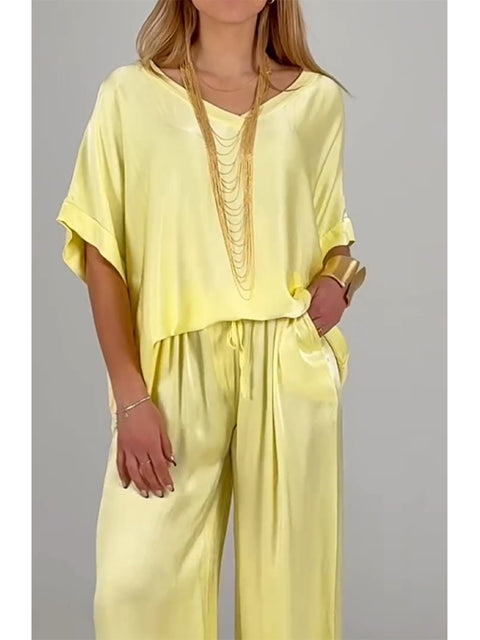 Women's Elegant Satin Glossy Top and Pants Two-piece Set