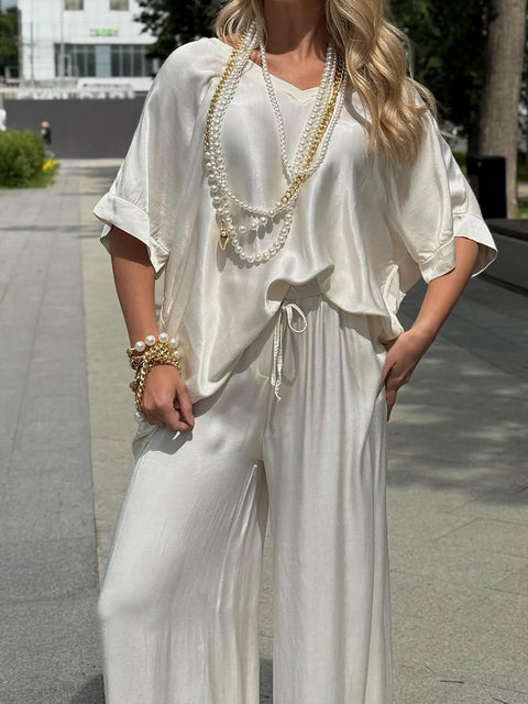 Women's Elegant Satin Glossy Top and Pants Two-piece Set