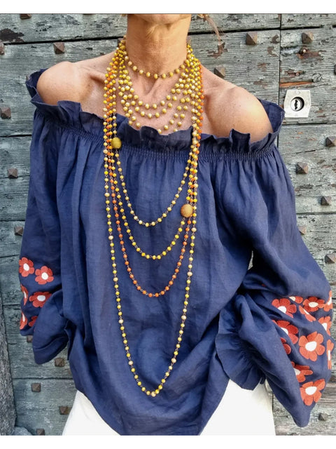 Women's Cotton and Linen Ruffled Straight Neck Long Sleeve Top