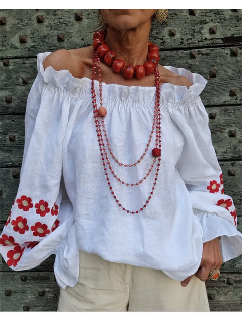 Women's Cotton and Linen Ruffled Straight Neck Long Sleeve Top
