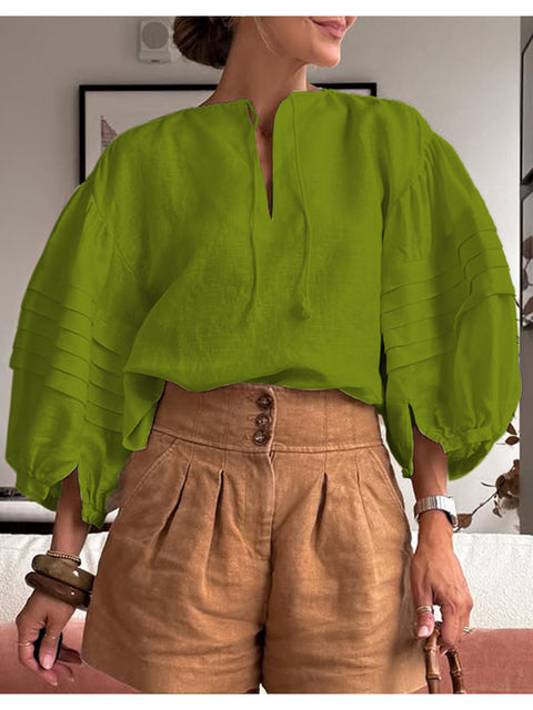 Women's Cotton and Linen Puff Sleeve Top
