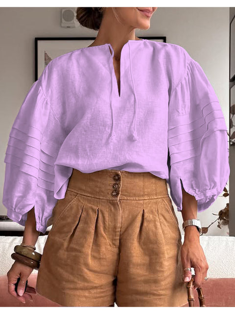 Women's Cotton and Linen Puff Sleeve Top