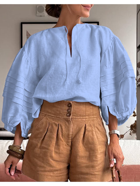 Women's Cotton and Linen Puff Sleeve Top