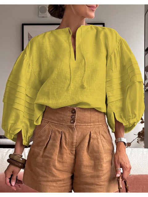 Women's Cotton and Linen Puff Sleeve Top