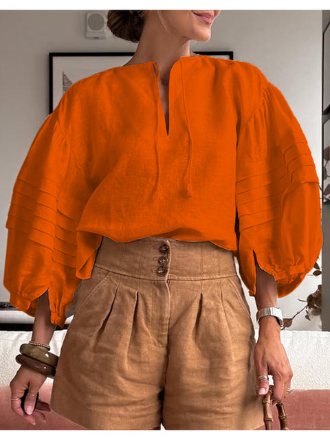 Women's Cotton and Linen Puff Sleeve Top