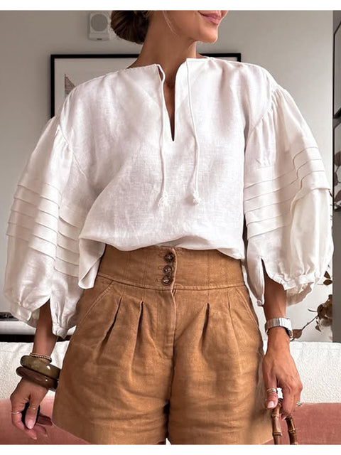 Women's Cotton and Linen Puff Sleeve Top