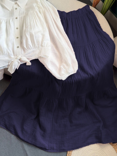 Women's Casual Cotton and Linen Pleated Skirt