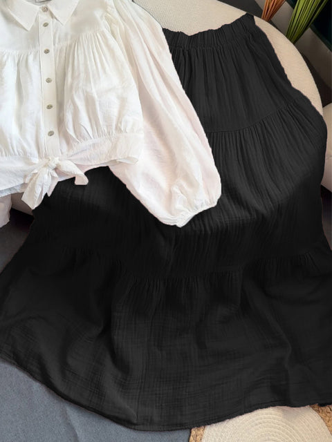 Women's Casual Cotton and Linen Pleated Skirt