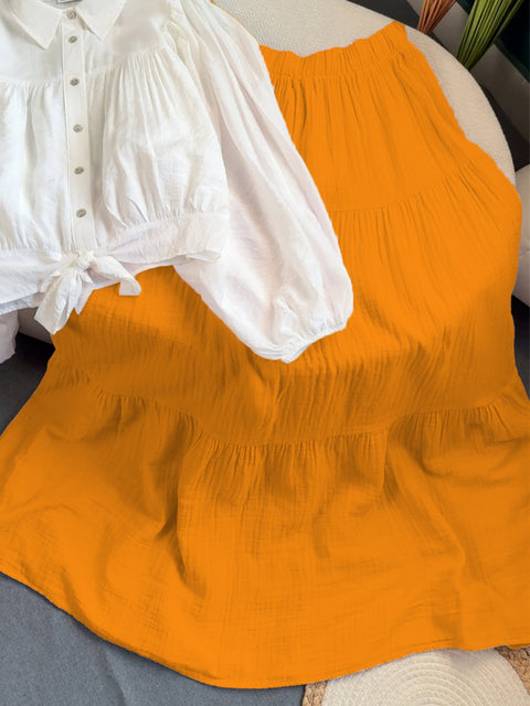 Women's Casual Cotton and Linen Pleated Skirt