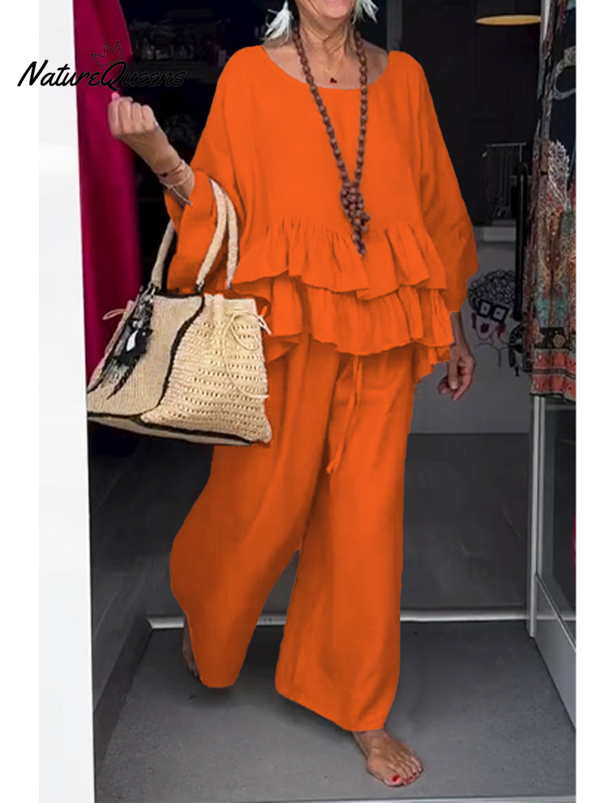 Women's Cotton and Linen Ruffled Round Neck Top and Pants Two-piece Set