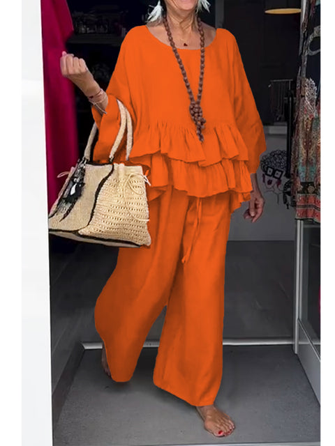 Women's Cotton and Linen Ruffled Round Neck Top and Pants Two-piece Set