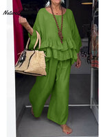 Women's Cotton and Linen Ruffled Round Neck Top and Pants Two-piece Set