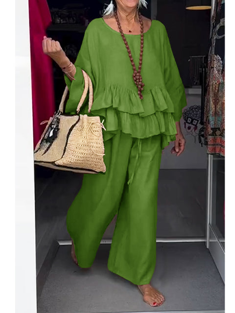 Women's Cotton and Linen Ruffled Round Neck Top and Pants Two-piece Set