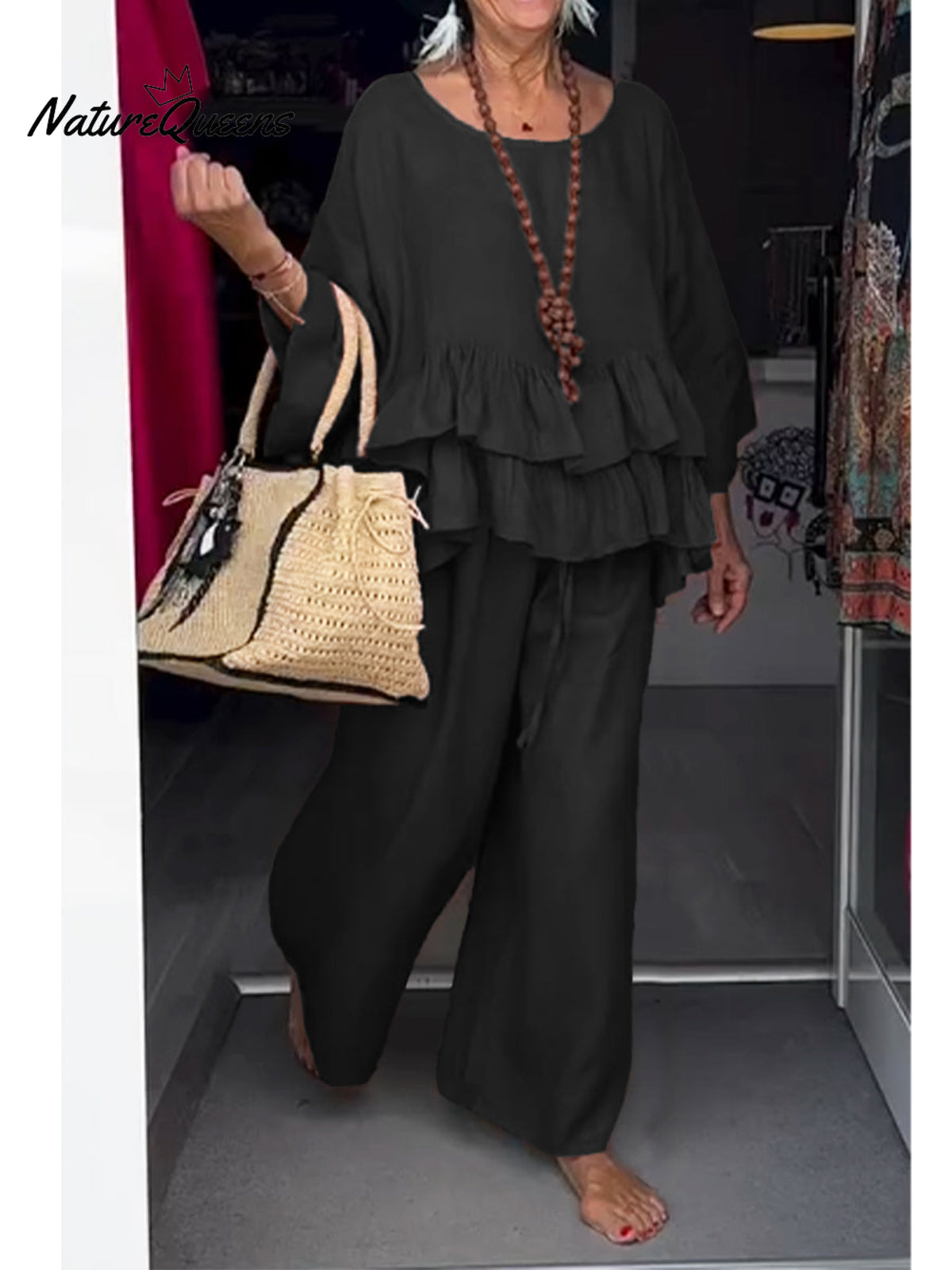 Women's Cotton and Linen Ruffled Round Neck Top and Pants Two-piece Set