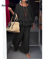 Women's Cotton and Linen Ruffled Round Neck Top and Pants Two-piece Set