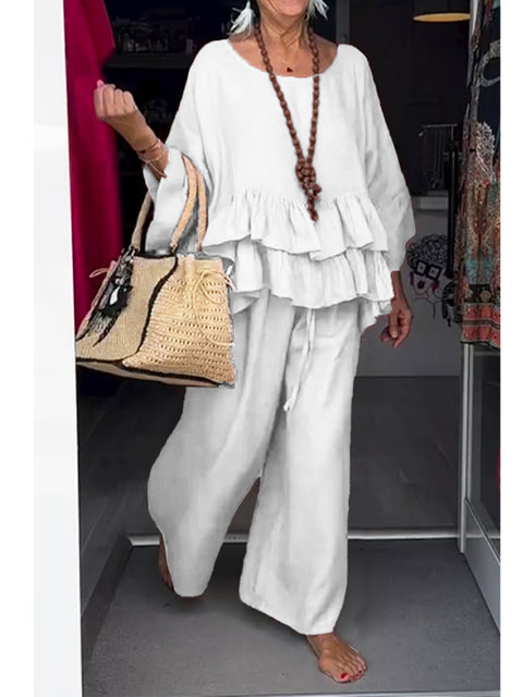 Women's Cotton and Linen Ruffled Round Neck Top and Pants Two-piece Set