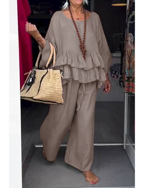 Women's Cotton and Linen Ruffled Round Neck Top and Pants Two-piece Set