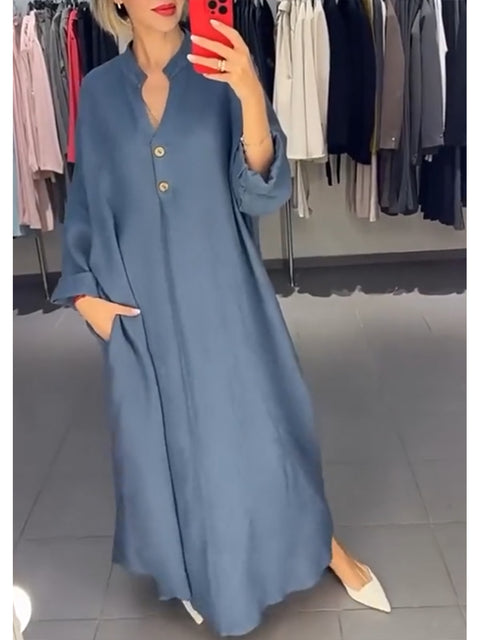 Women's Cotton and Linen Casual Long Sleeve Dress