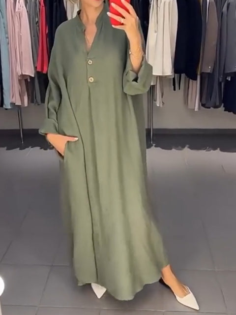 Women's Cotton and Linen Casual Long Sleeve Dress