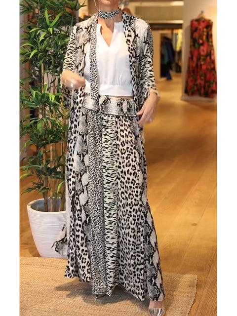 Women's Animal Print Cotton and Linen Cardigan and Pants Two-piece Set