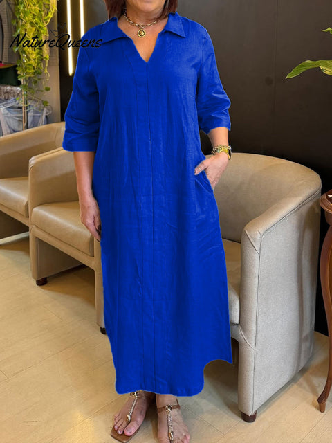 Women's V-neck Long-sleeved Cotton and Linen Dress