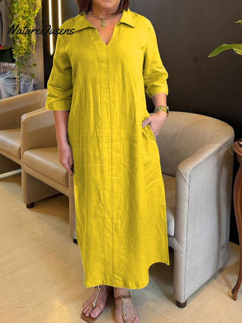 Women's V-neck Long-sleeved Cotton and Linen Dress