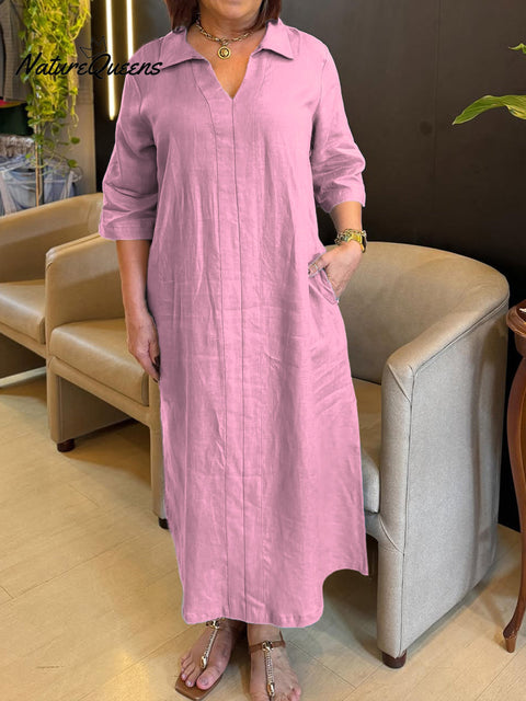 Women's V-neck Long-sleeved Cotton and Linen Dress