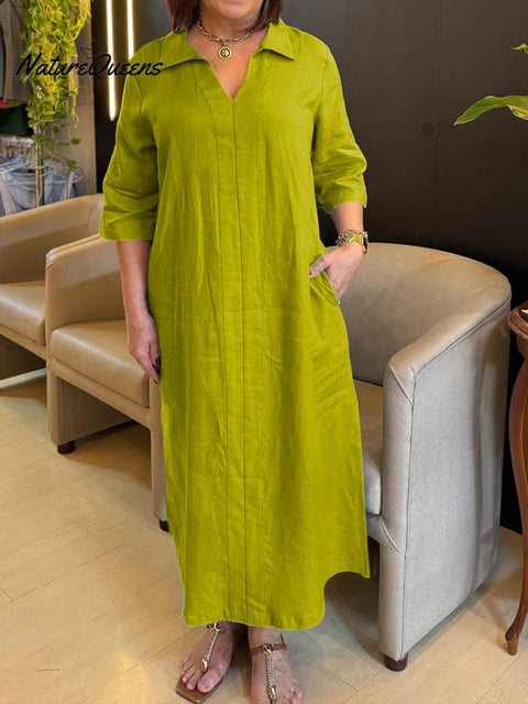 Women's V-neck Long-sleeved Cotton and Linen Dress