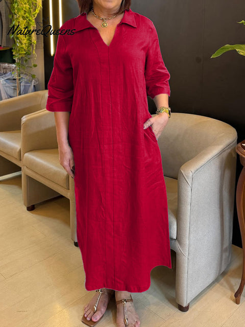 Women's V-neck Long-sleeved Cotton and Linen Dress