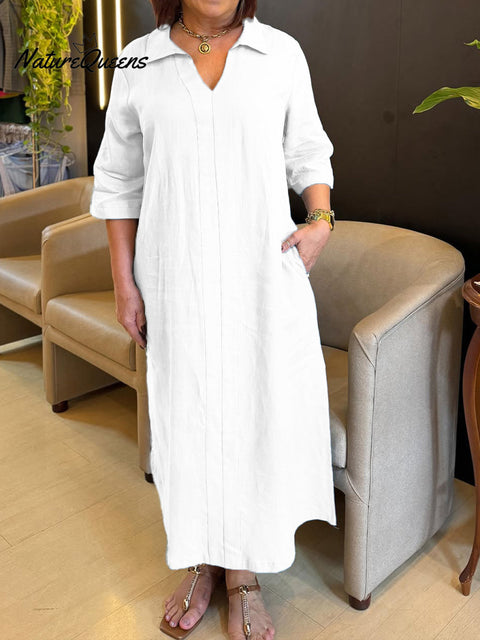 Women's V-neck Long-sleeved Cotton and Linen Dress