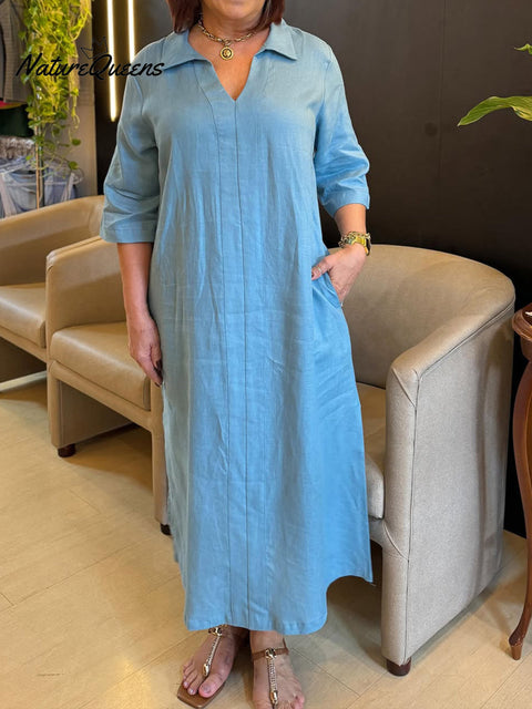 Women's V-neck Long-sleeved Cotton and Linen Dress