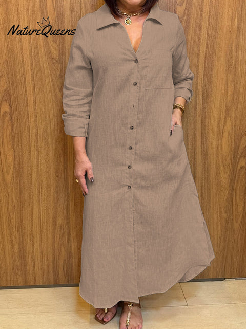 Women's V-neck Long-sleeved Cotton and Linen Buttons Dress