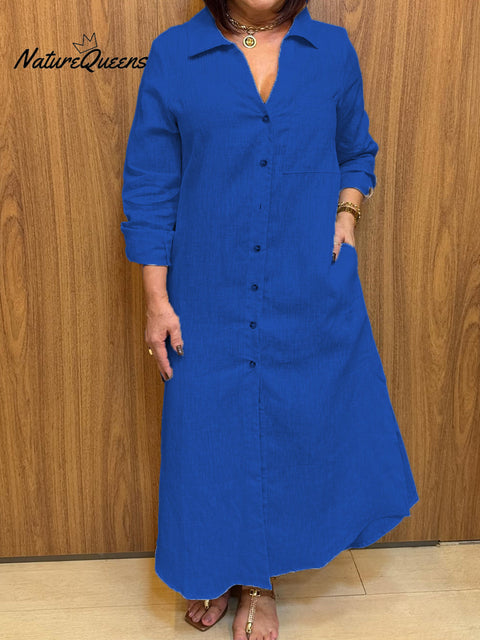 Women's V-neck Long-sleeved Cotton and Linen Buttons Dress