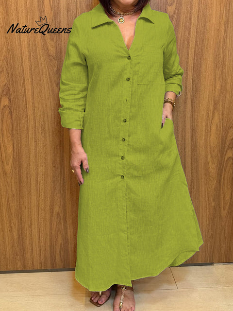 Women's V-neck Long-sleeved Cotton and Linen Buttons Dress