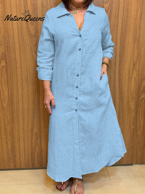Women's V-neck Long-sleeved Cotton and Linen Buttons Dress