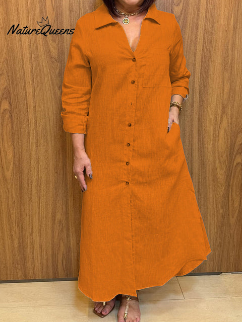 Women's V-neck Long-sleeved Cotton and Linen Buttons Dress