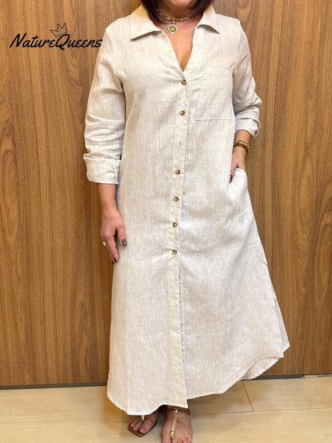 Women's V-neck Long-sleeved Cotton and Linen Buttons Dress