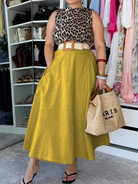 Women's Cotton and Linen Leopard Print Sleeveless Top and Solid Skirt Two-piece Set