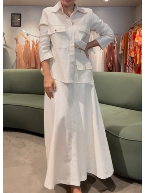 Women's Cotton and Linen Long-sleeved Shirt and Skirt Two-piece Set