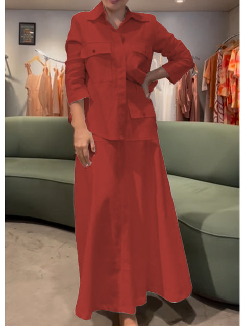 Women's Cotton and Linen Long-sleeved Shirt and Skirt Two-piece Set
