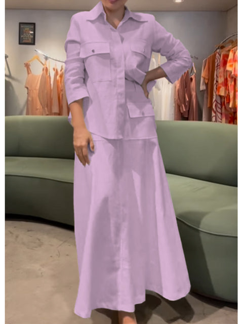 Women's Cotton and Linen Long-sleeved Shirt and Skirt Two-piece Set