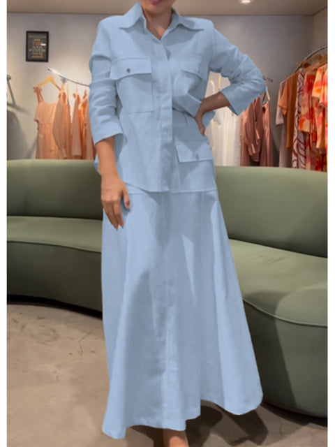 Women's Cotton and Linen Long-sleeved Shirt and Skirt Two-piece Set