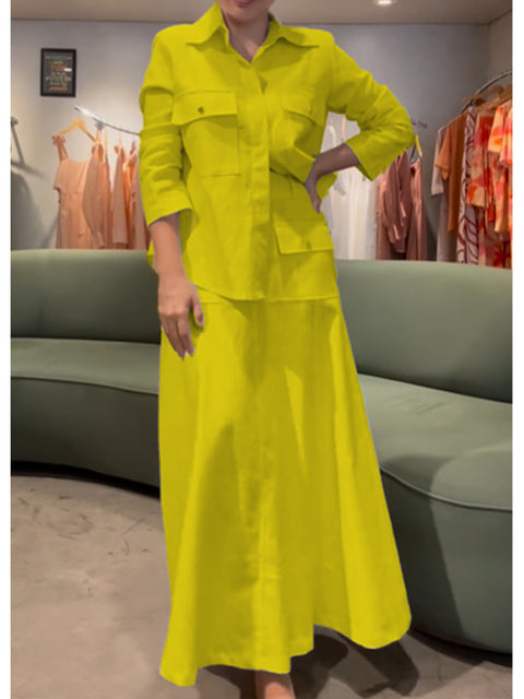 Women's Cotton and Linen Long-sleeved Shirt and Skirt Two-piece Set