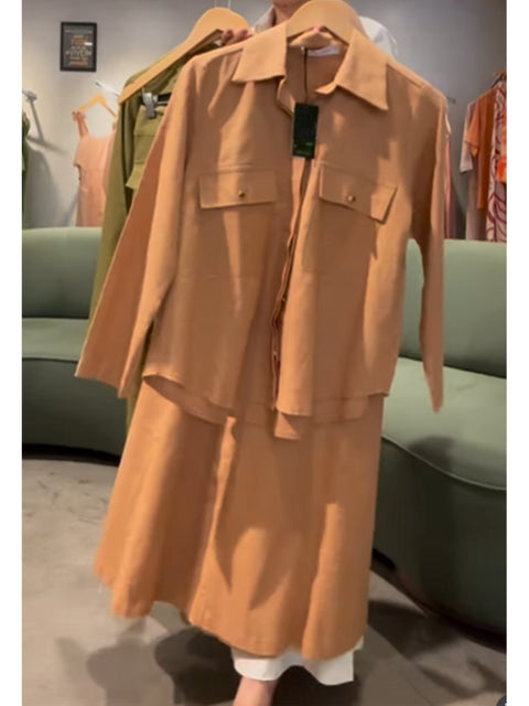 Women's Cotton and Linen Long-sleeved Shirt and Skirt Two-piece Set