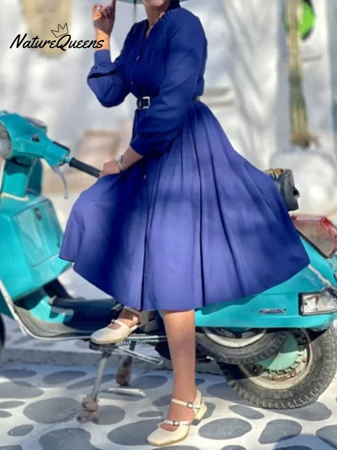 Women's Cotton and Linen Ruffle Collar A-Line Button Dress