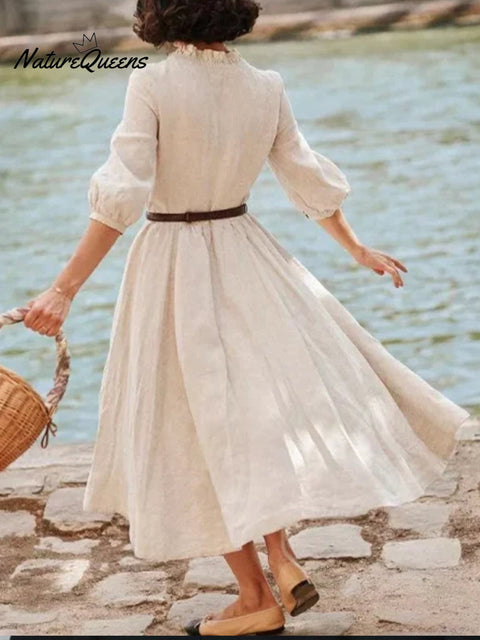 Women's Cotton and Linen Ruffle Collar A-Line Button Dress